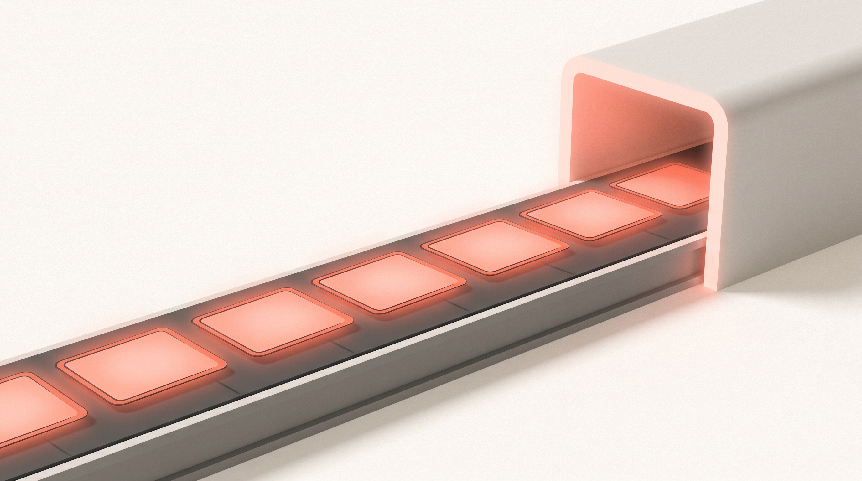 A conveyor belt producing a row of ad creatives, representing automated ad production