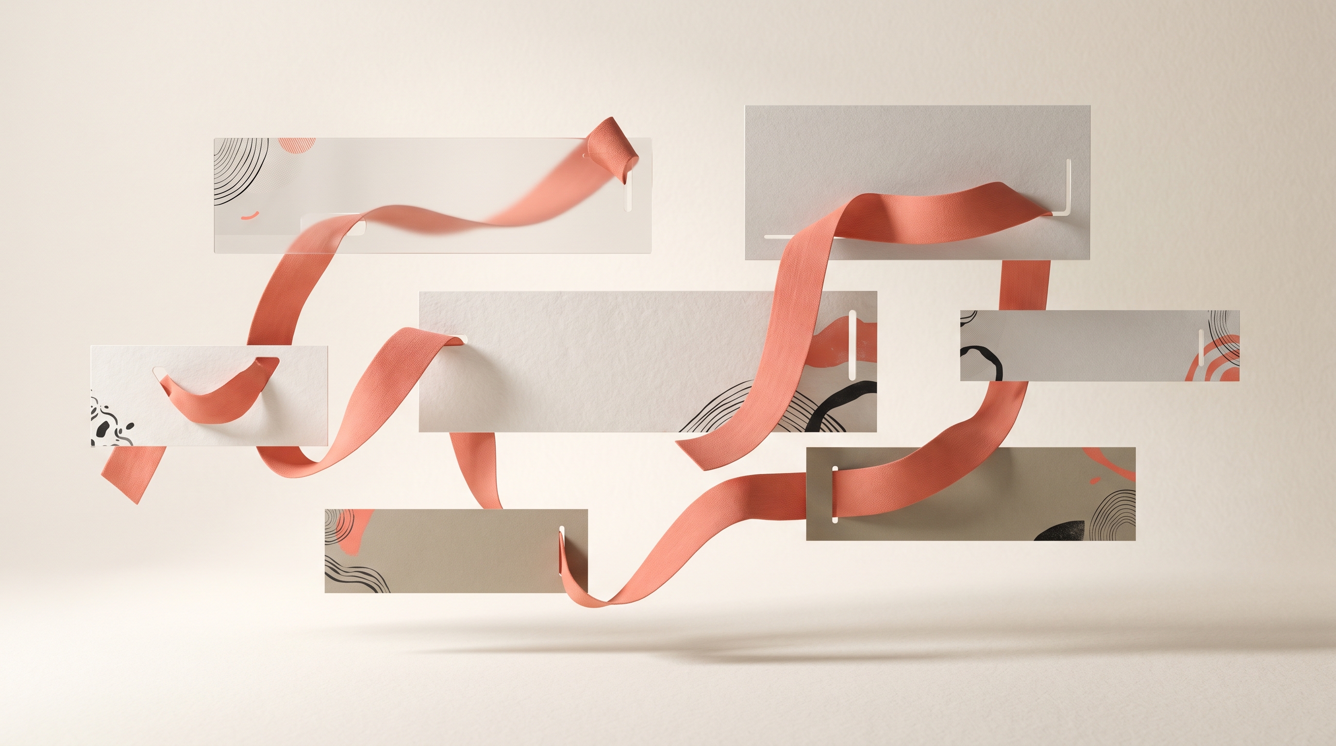 A row of display-ad banners threaded by a single ribbon, representing a consistent brand voice