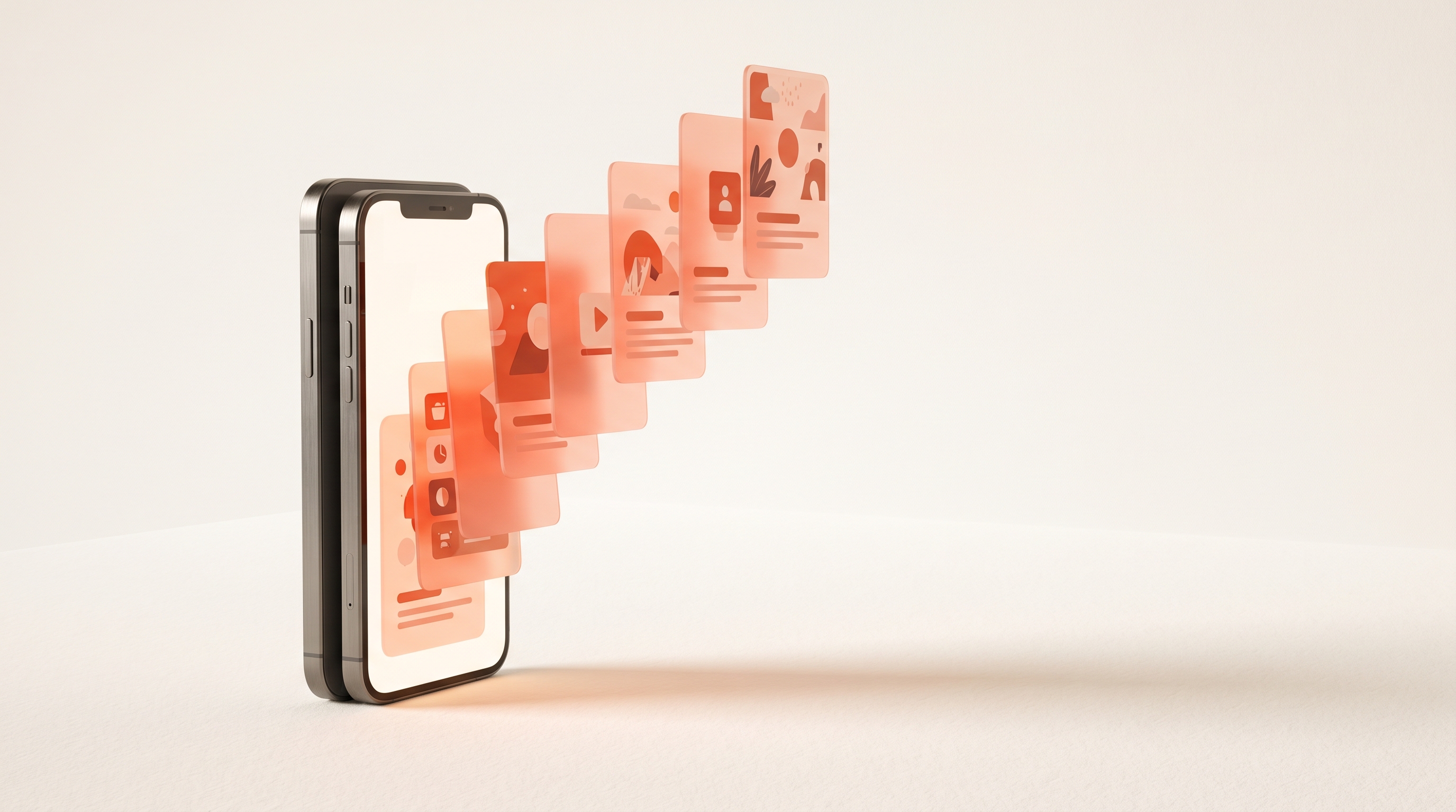 A smartphone with a feed of ad creatives flowing out of the screen