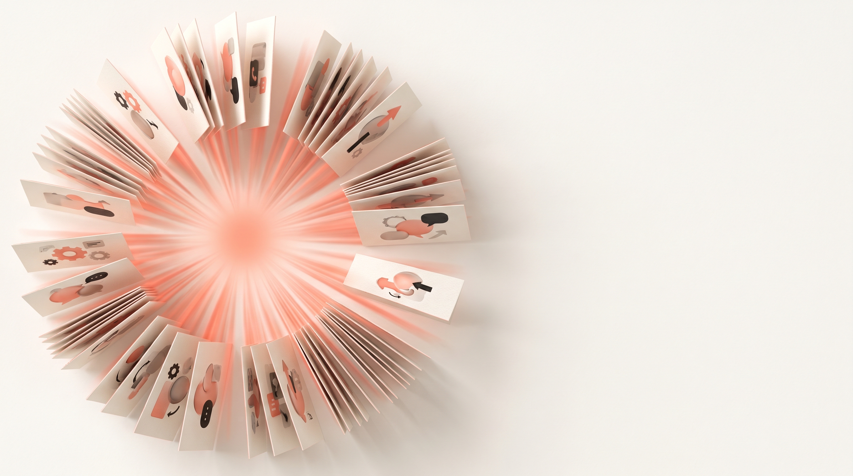 A burst of ad concept cards fanning out from a point of light, representing fast concept generation